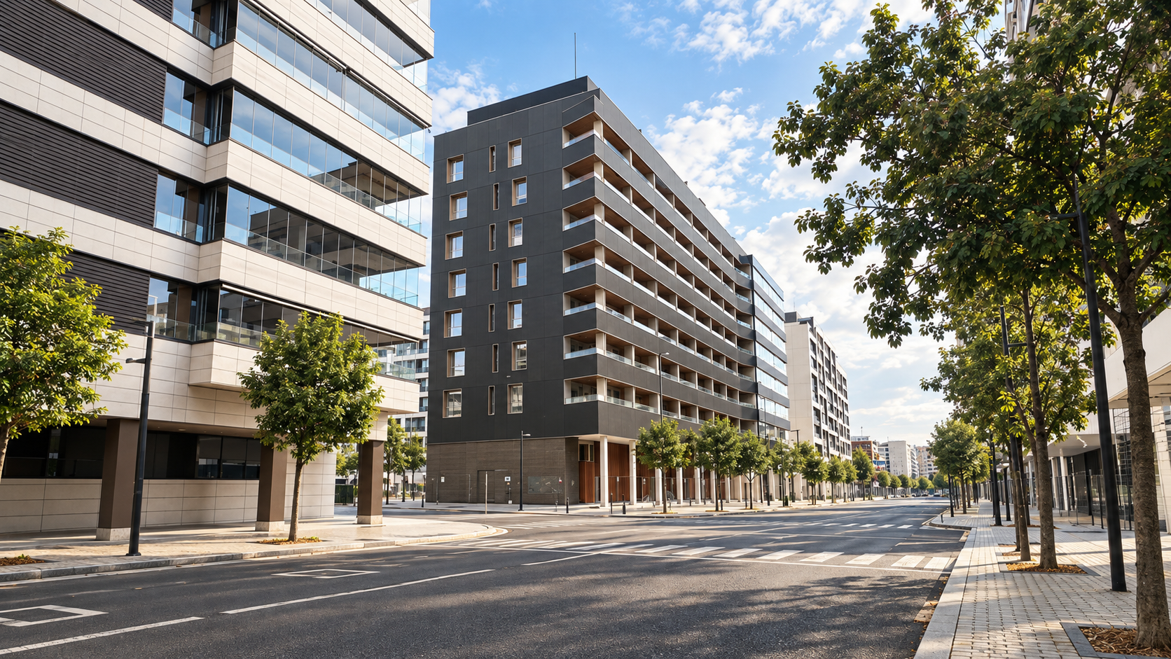 Fachada del edificio Strada Lezkairu en una calle arbolada